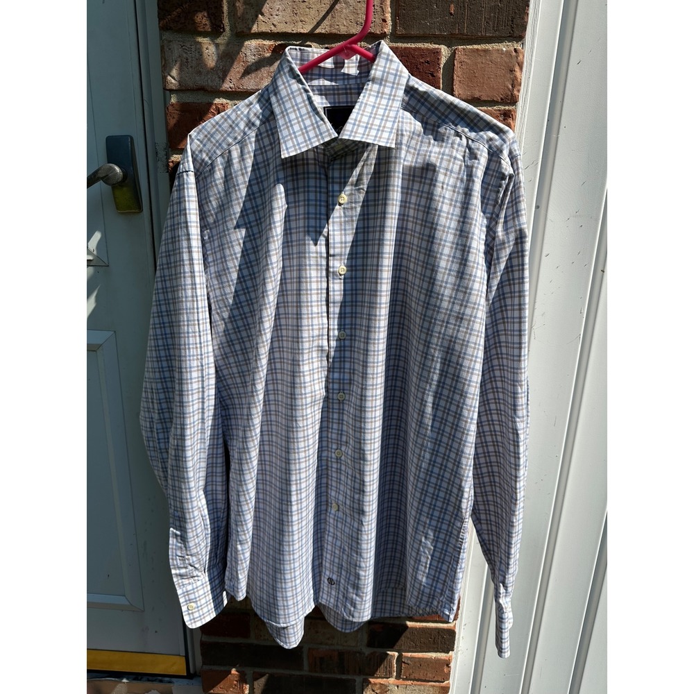 David Donahue Mens Blue Brown Plaid Cotton Button Down Dress Shirt 16.5 36/37
